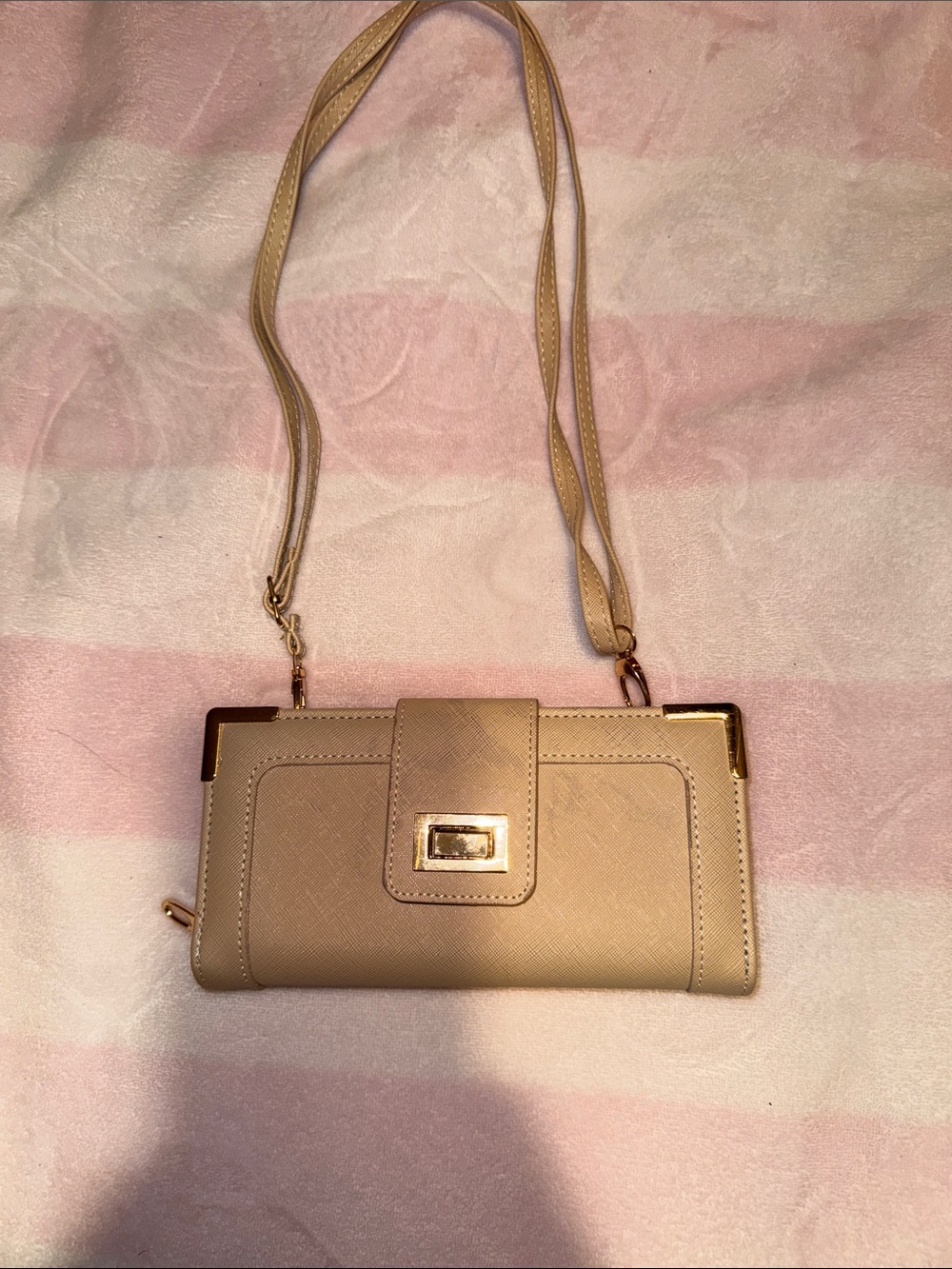 Convertible Beige Crossbody Wallet with Gold-Tone Hardware